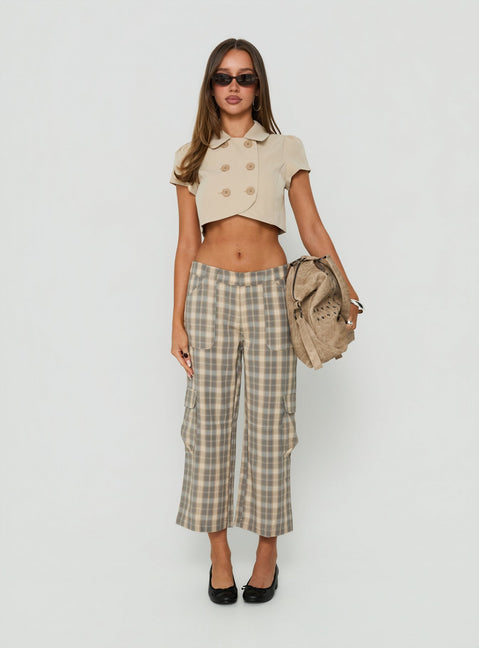 Showcasing Indee Cropped Cargo Pants Check in womens-regular-pants with mid-rise front view of model wearing Princess Polly