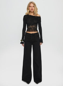 front view of model wearing Princess Polly Mellowed Out Low Rise Straight Leg Jeans Washed Black Low Rise Jeans 