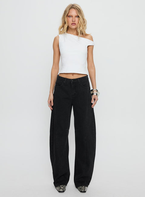 front view of model wearing Princess Polly Lost Track Mid Rise Barrel Leg Jeans Washed Black Mid Rise Jeans 