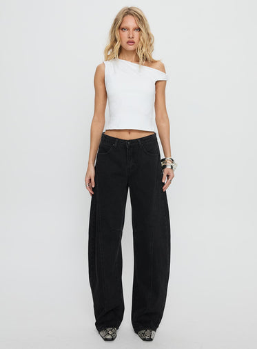 Lost Track Mid Rise Barrel Leg Jeans Washed Black