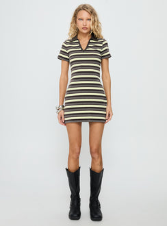 Zuria Collared V-neck Mini Dress Brown / Yellow Stripe