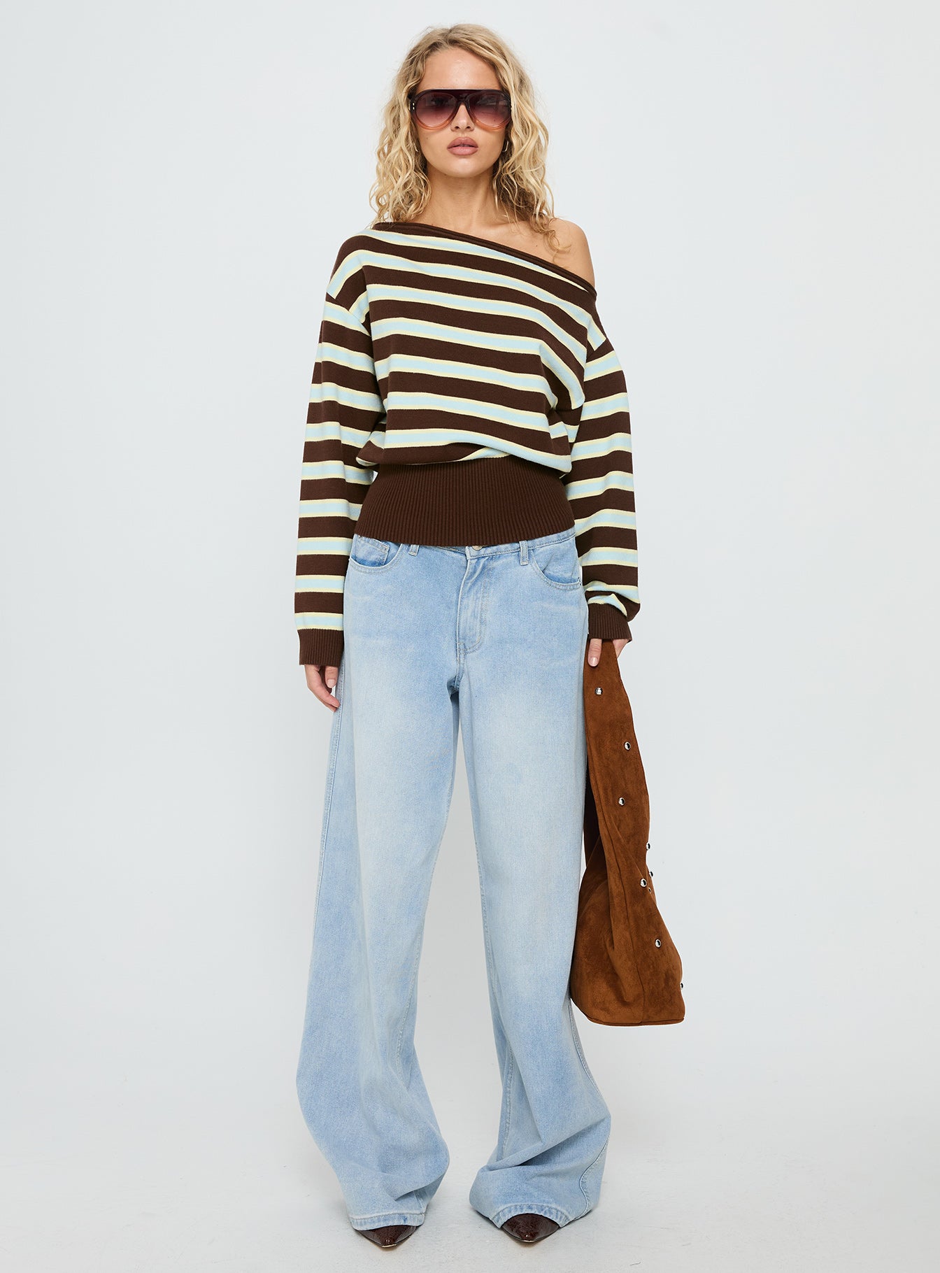 front view of model wearing Princess Polly Zinia Off Shoulder Knit Sweater Brown / Blue Stripe Cropped 