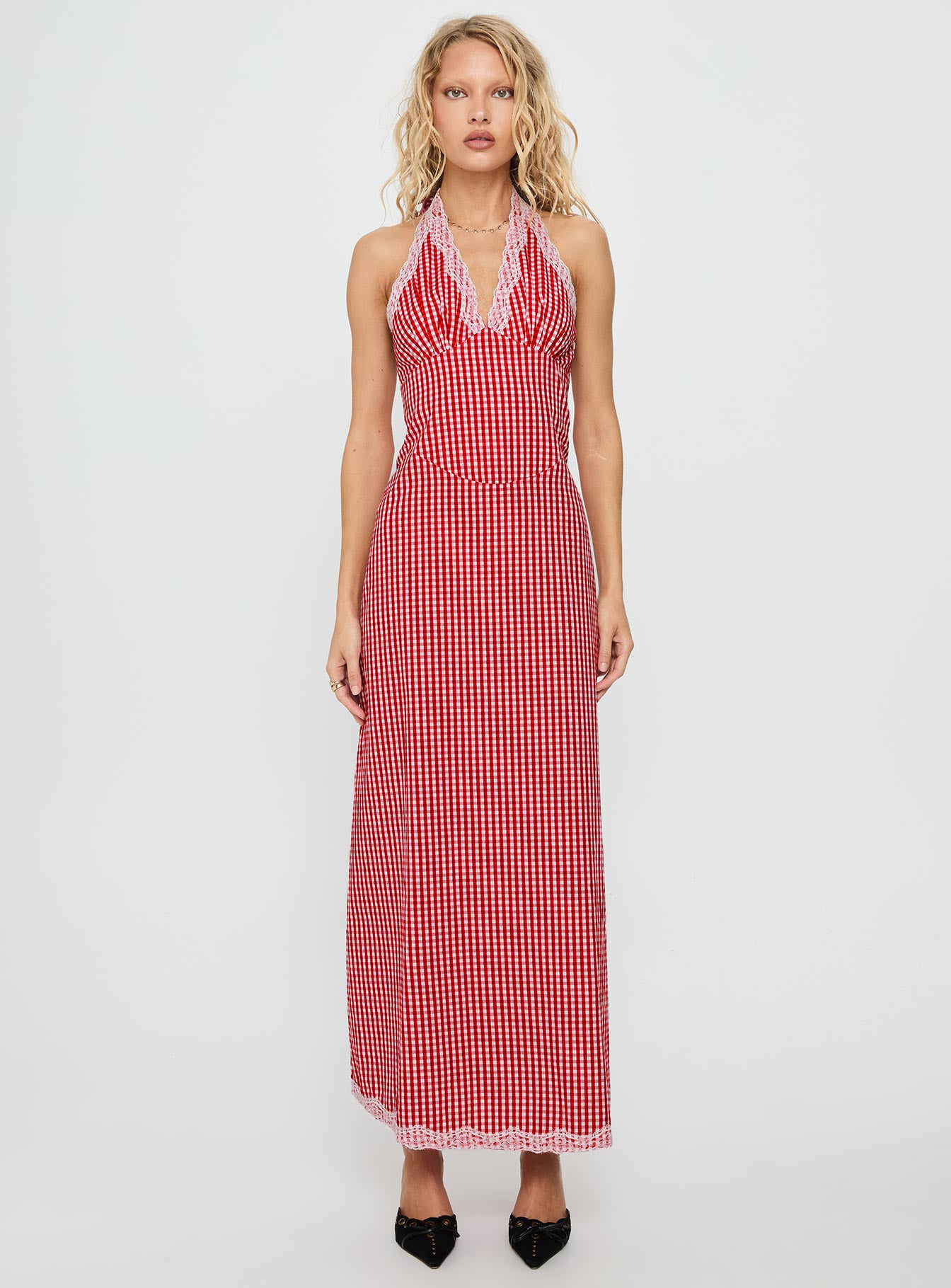 Betsie Halter Lace Maxi Dress | Red Gingham | Womens | Princess Polly Lower Impact Betsie Halter Lace Maxi Dress | Red Gingham | Womens | Princess Polly Lower Impact
