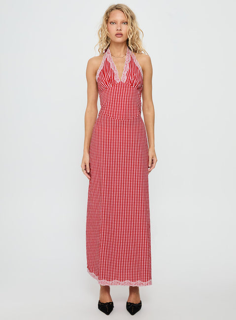 Betsie Halter Lace Maxi Dress | Red Gingham | Womens | Princess Polly Lower Impact Betsie Halter Lace Maxi Dress | Red Gingham | Womens | Princess Polly Lower Impact