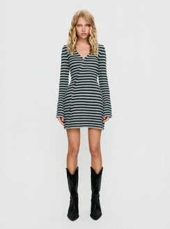 Morgen Asymmetrical Long Sleeve Mini Dress Grey / Green Stripe