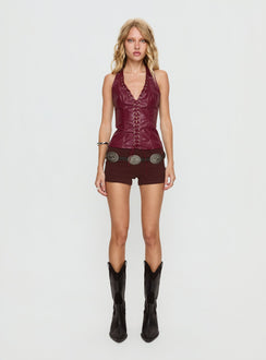 Verda Faux Leather Tie Up Top Burgundy