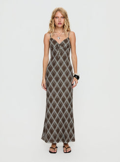 Idaline V Neck Maxi Dress Brown Check