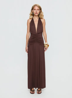 Diona Halter Ruched Maxi Dress Brown