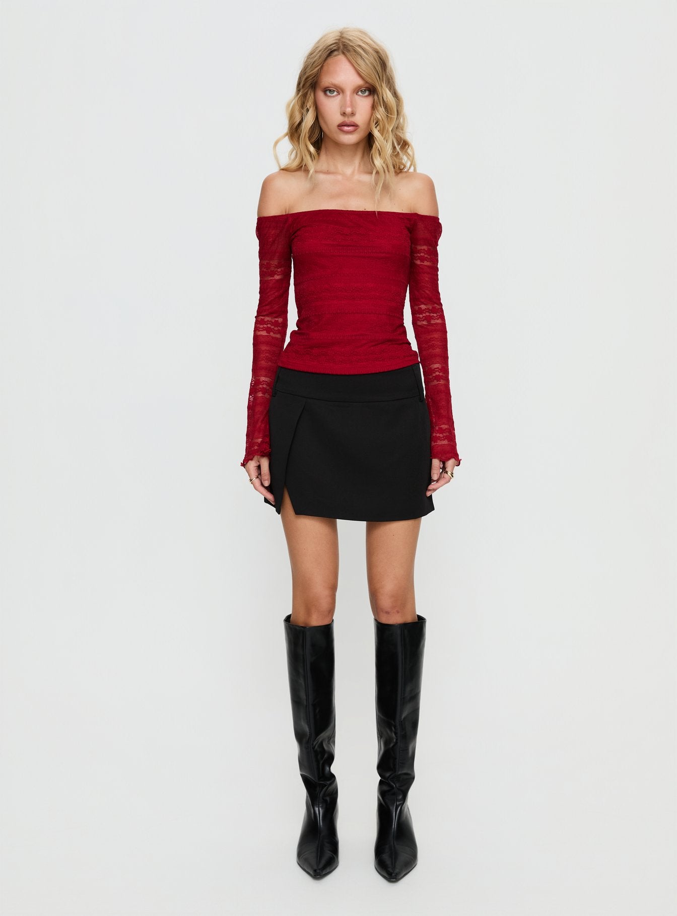 Deyci Lace Off Shoulder Top Red