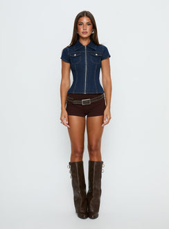 Liyana Denim Zip Up Short Sleeve Shirt Mid Blue