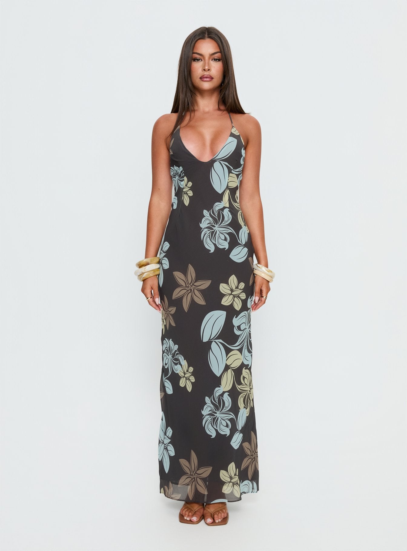 Esmira Halter Maxi Dress Chocolate / Blue Floral | Princess Polly Esmira Halter Maxi Dress Chocolate / Blue Floral | Princess Polly