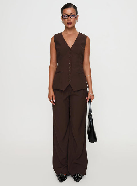 back view of model wearing Princess Polly Ambient Longline Button Up Top Chocolate Sleeveless V-Neck 