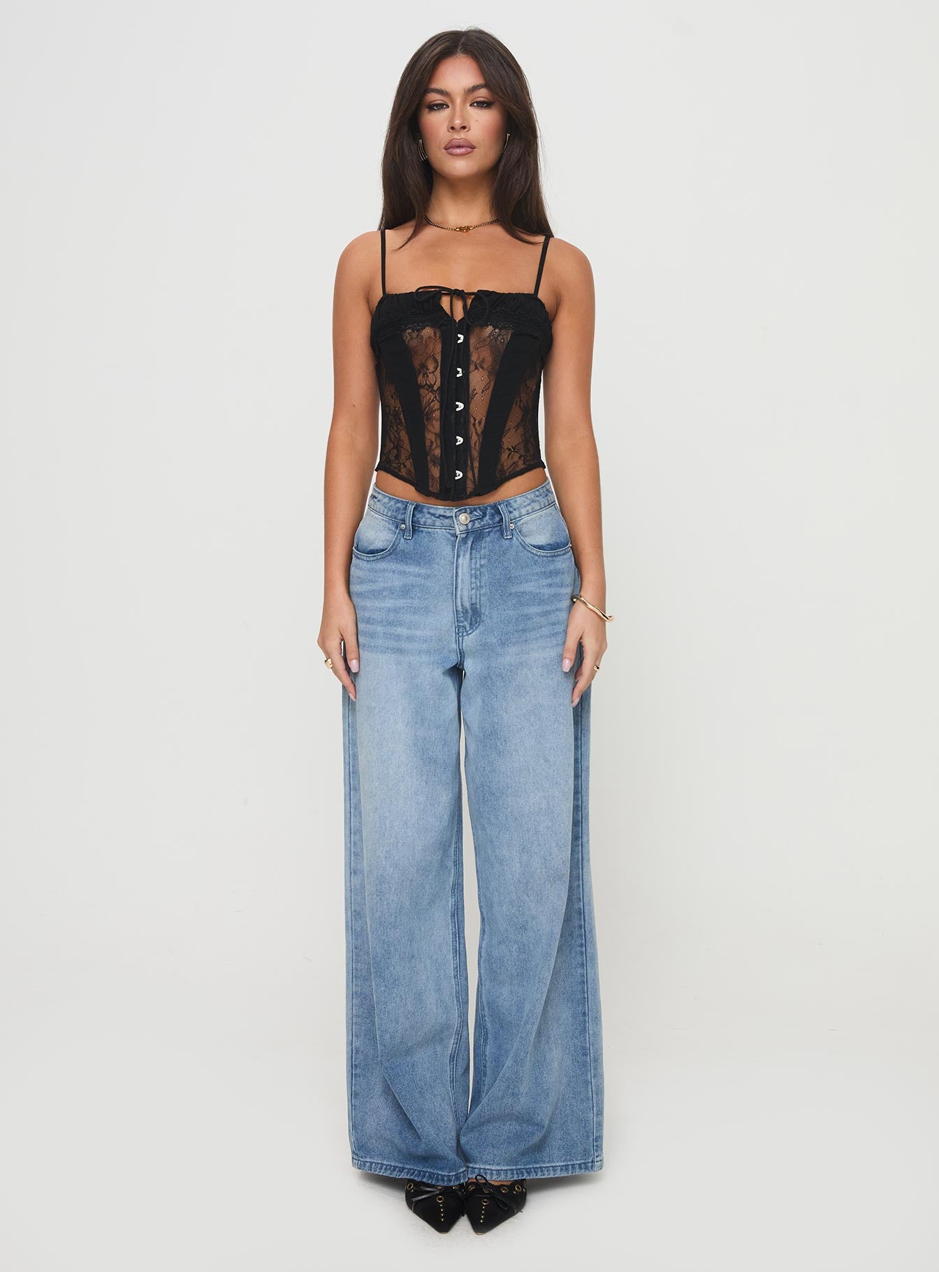 front view of model wearing Princess Polly Sambo Corset Top Black Sleeveless Square Neck 