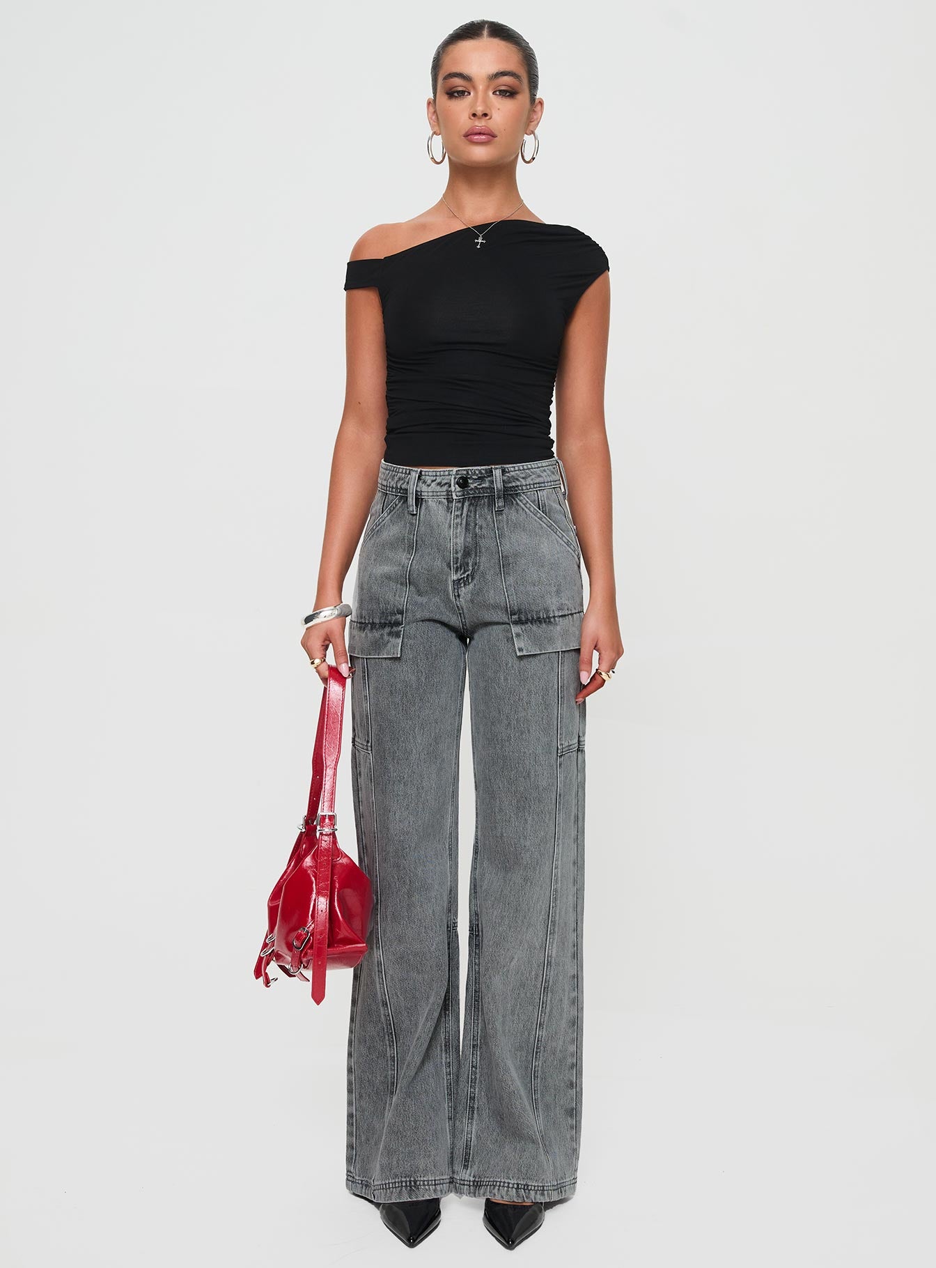 front view of model wearing Princess Polly Chad Cargo Jeans Grey Wash Denim Mid Rise 