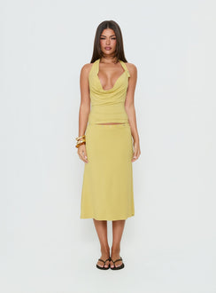 Showcasing the Esperia Button Midi Skirt Green in a fitted aline womens-skirts design front view of model wearing Princess Polly