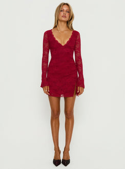 Airabella Long Sleeve Lace Mini Dress Red