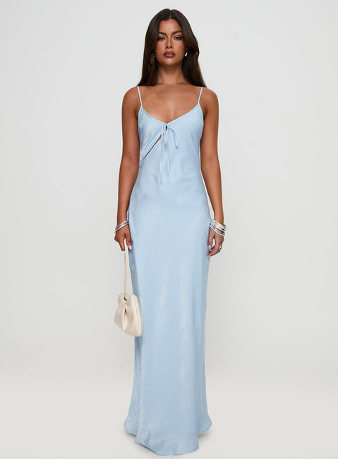 front view of model wearing Princess Polly Linger Bias Cut Maxi Dress Blue V-Neck 