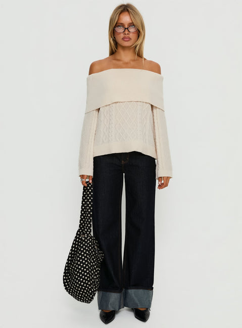 side view of model wearing Princess Polly Margarete Off Shoulder Knit Sweater Cream Longline Jumpers 