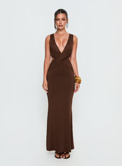 Bambia Maxi Dress | Dark Brown | Womens | Princess Polly Lower Impact Bambia Maxi Dress | Dark Brown | Womens | Princess Polly Lower Impact