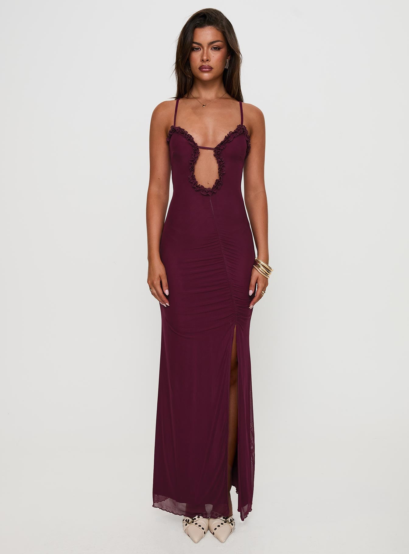 front view of model wearing Princess Polly Soulina Ruched Maxi Dress Purple Sweetheart Neckline 