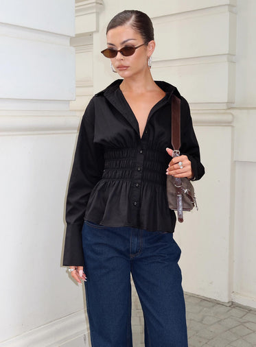 As You Are Shirred Button Up Top Black
