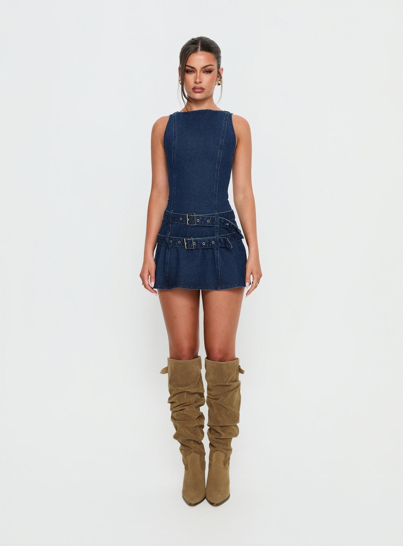Kainer Denim Buckle Mini Dress Dark Blue Wash