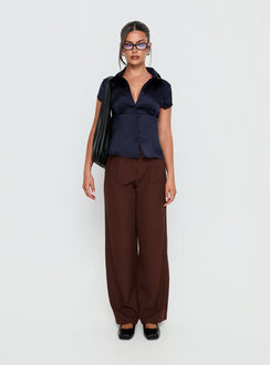 front view of model wearing Princess Polly Alys Cut Out Straight Leg Pant Brown Mid Rise Pants 