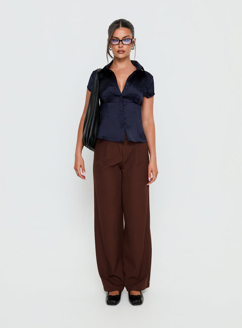 front view of model wearing Princess Polly Alys Cut Out Straight Leg Pant Brown Mid Rise Pants 