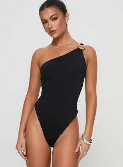 back view of model wearing Princess Polly Talija One Shoulder Bodysuit Black Tall Sleeveless 