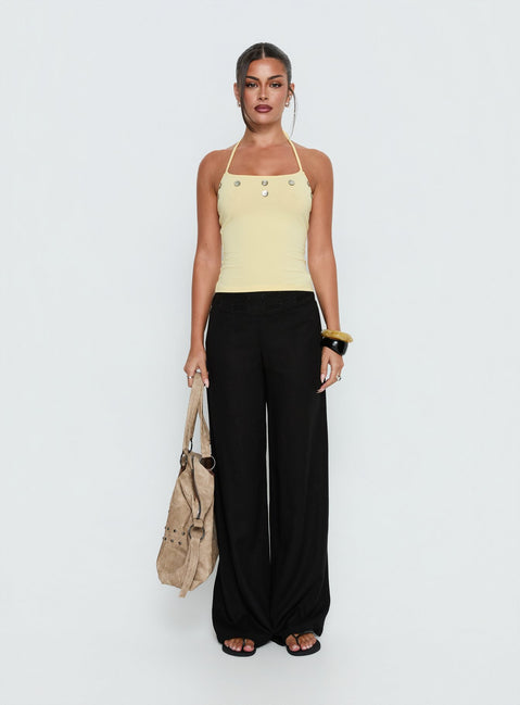 front view of model wearing Princess Polly Peroma Linen Straight Leg Pants Black High Rise Pants 