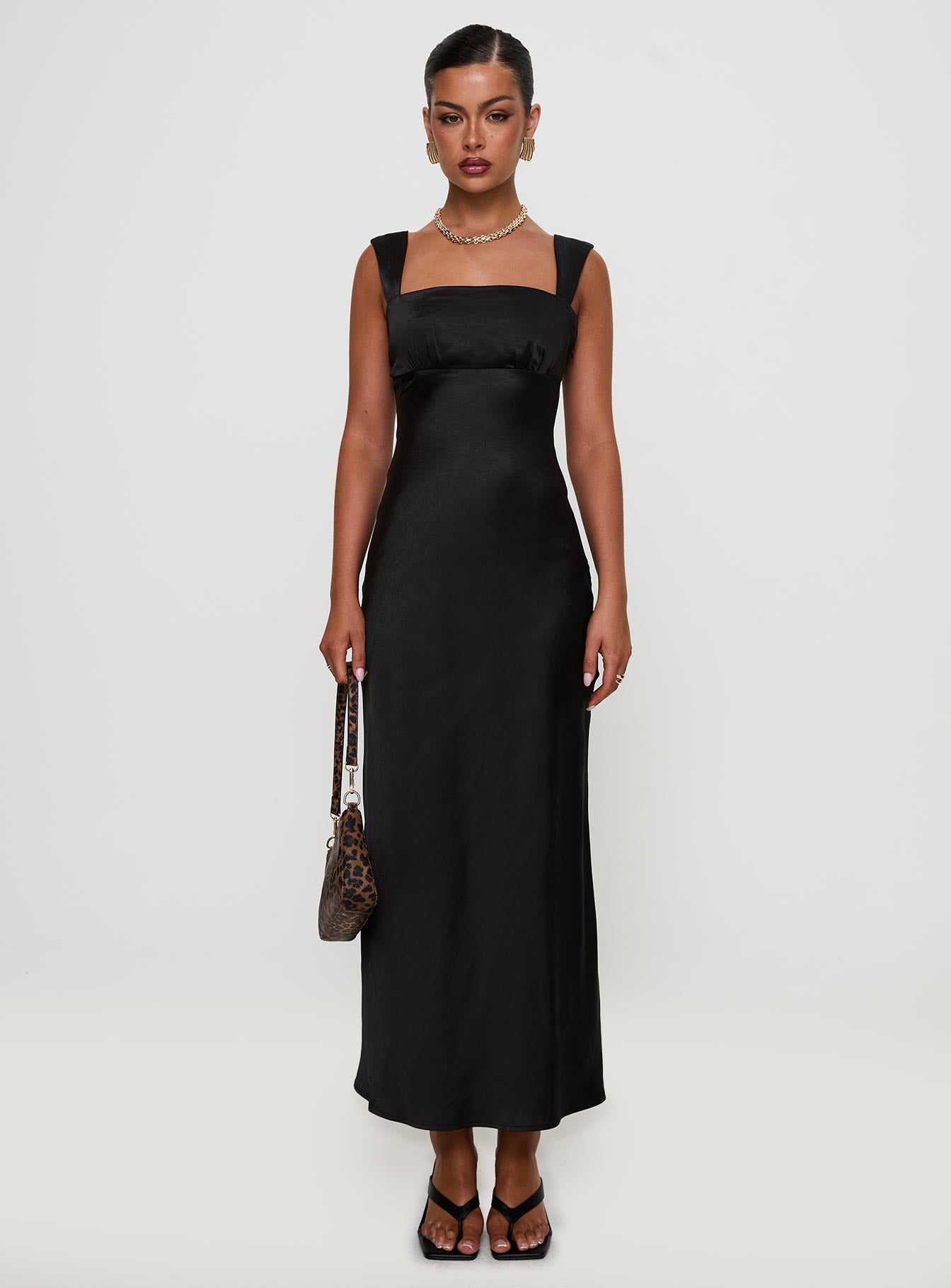 front view of model wearing Princess Polly Radioactive Bias Cut Maxi Dress Black Square Neck 