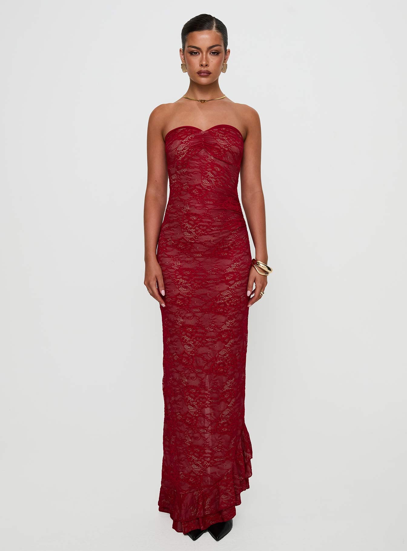 Hailees Lace Strapless Maxi Dress Red | Princess Polly Hailees Lace Strapless Maxi Dress Red | Princess Polly