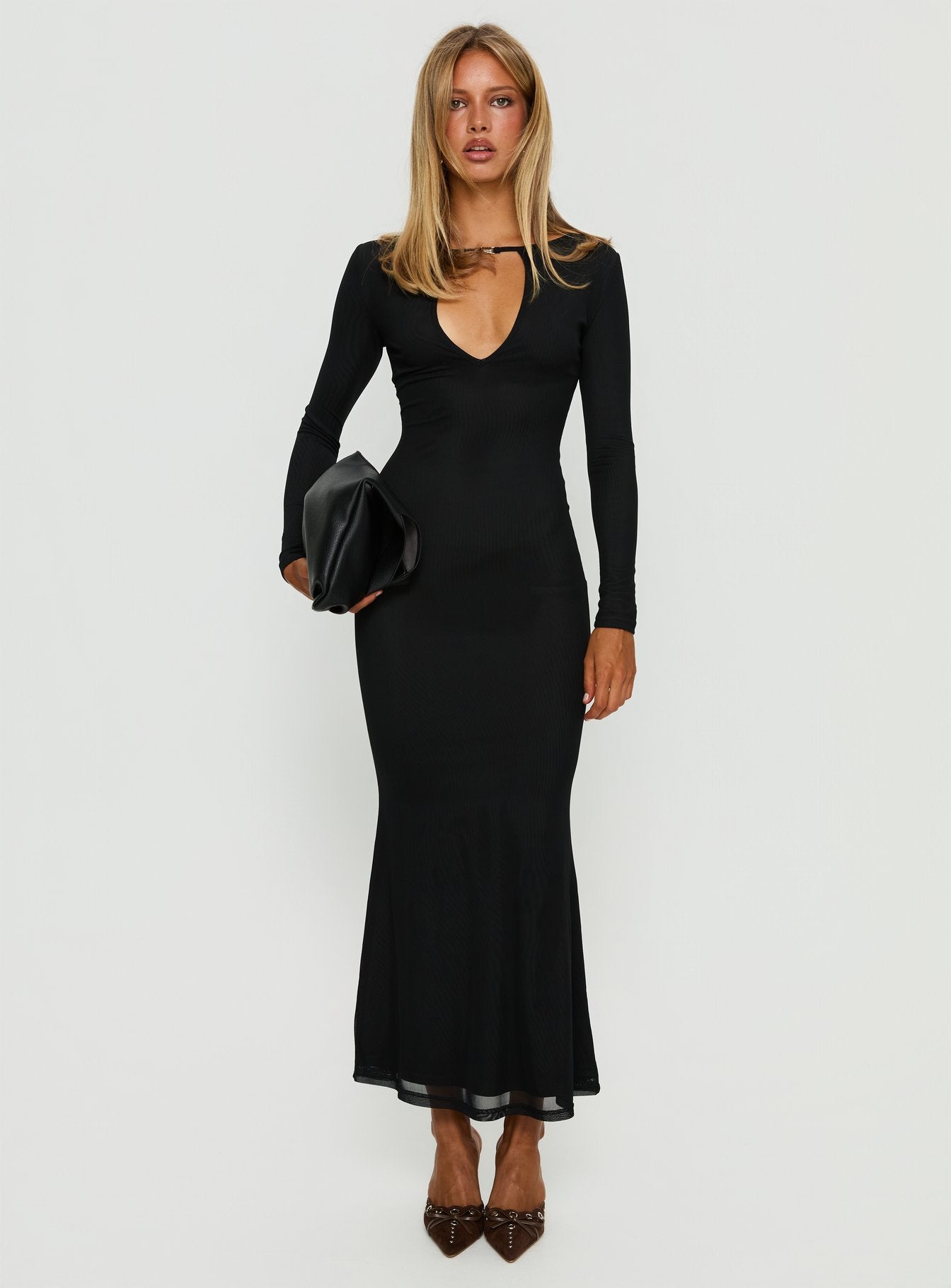 Adesa Long Sleeve Keyhole Plunge Maxi Dress Black