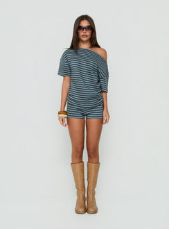 Wildlands Off Shoulder Tee Grey / Blue Stripe
