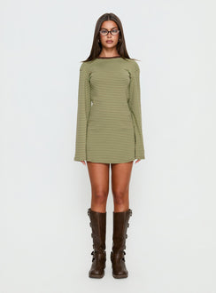 Lulolah Long Sleeve Mini Dress Green / Chocolate Stripe