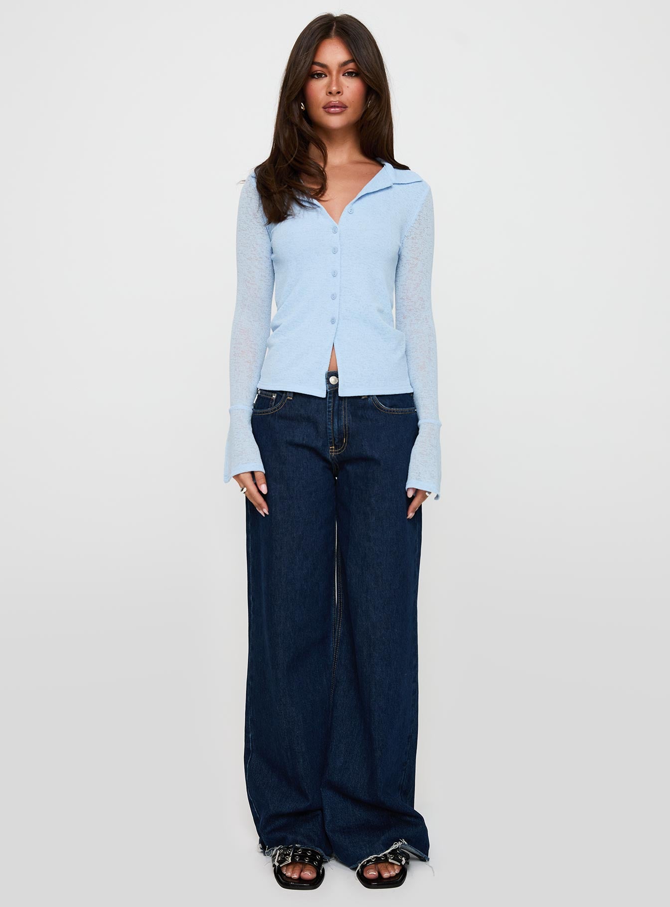 back view of model wearing Princess Polly Finnean Long Sleeve Top Pale Blue Full Sleeves V-Neck 