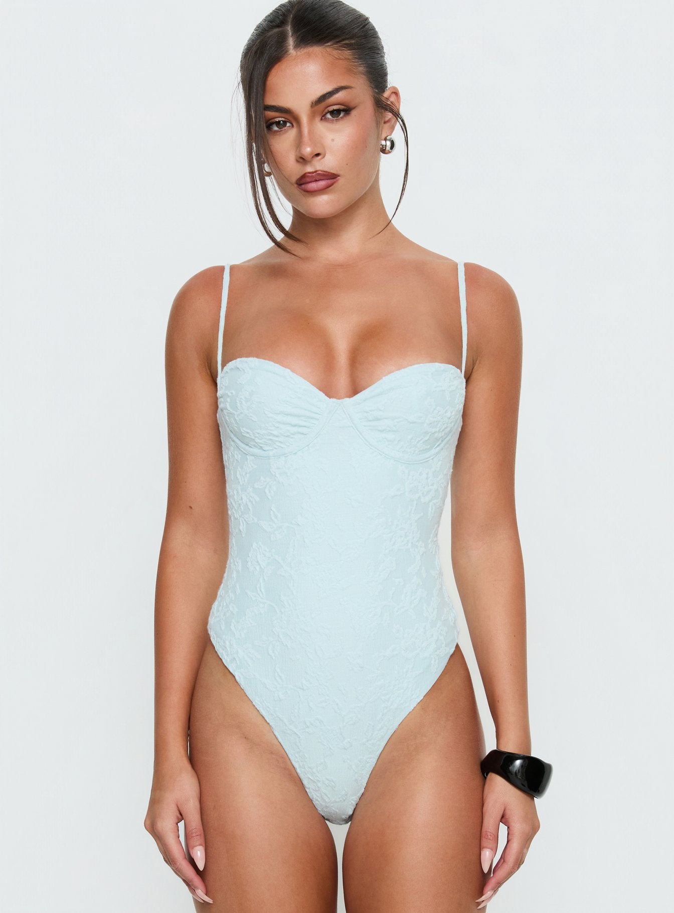 front view of model wearing Princess Polly Alorah Textured Bodysuit Blue Sleeveless 