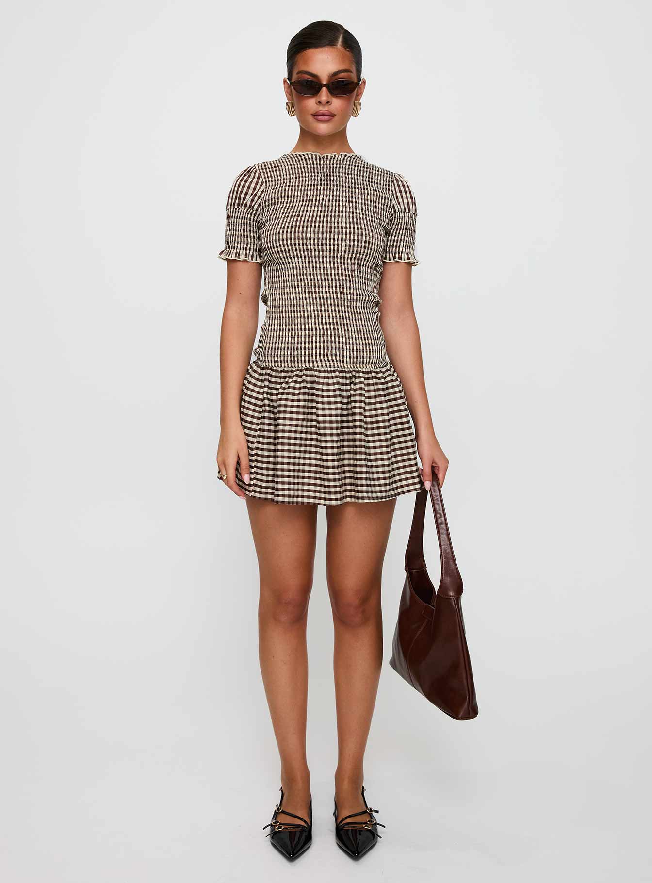 brown plaid dress princess polly Laurita Shirred Mini Dress | Brown Check | Womens