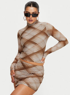 Front view of model wearing  front Princess Polly Full Sleeves High Neck  Another Dreamer Long Sleeve Top Brown Check