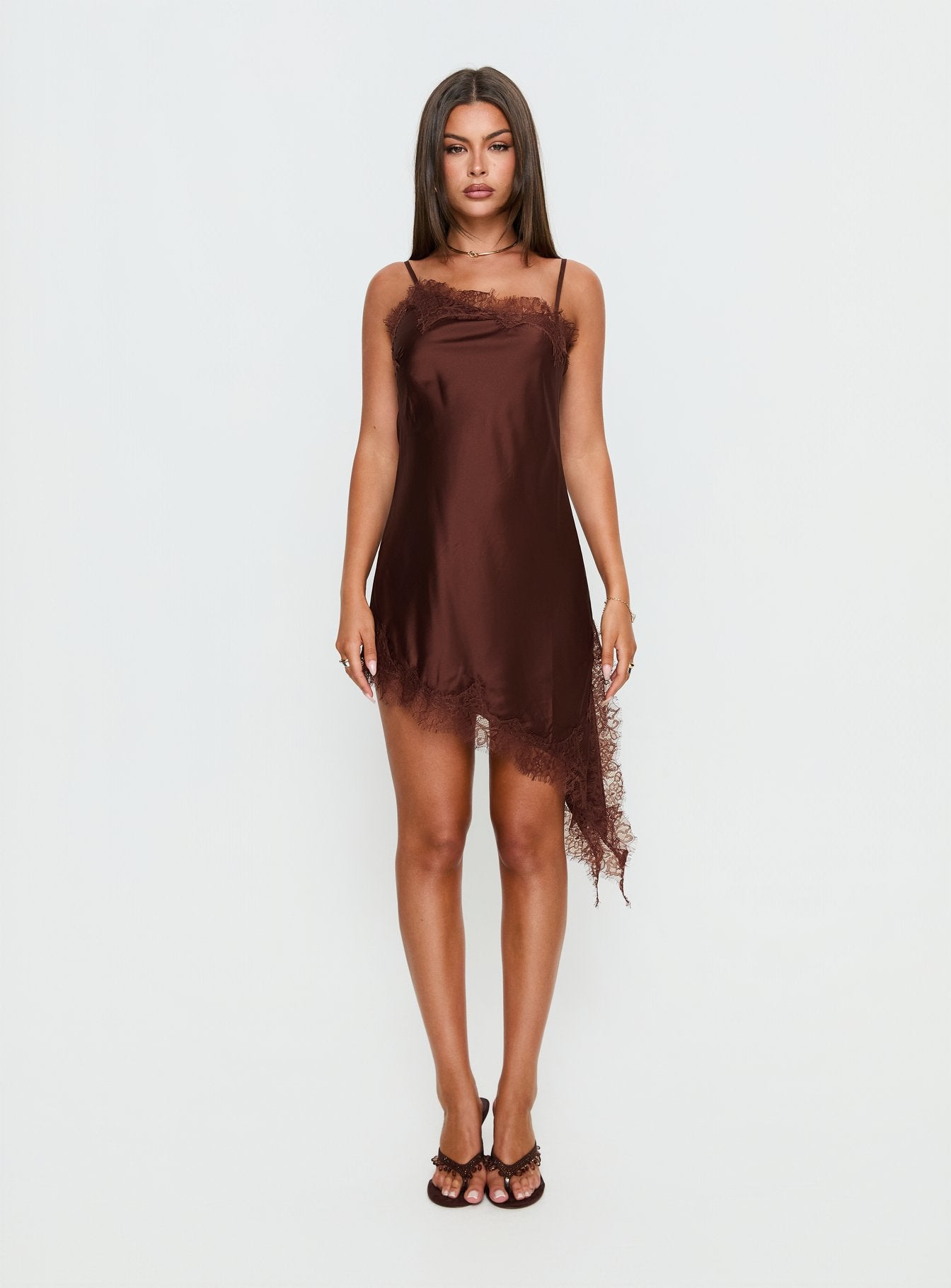 Malakhai Lace Asymmetrical Mini Dress Chocolate | Princess Polly