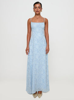 side view of model wearing Princess Polly South Of France Maxi Dress Blue Square Neck 