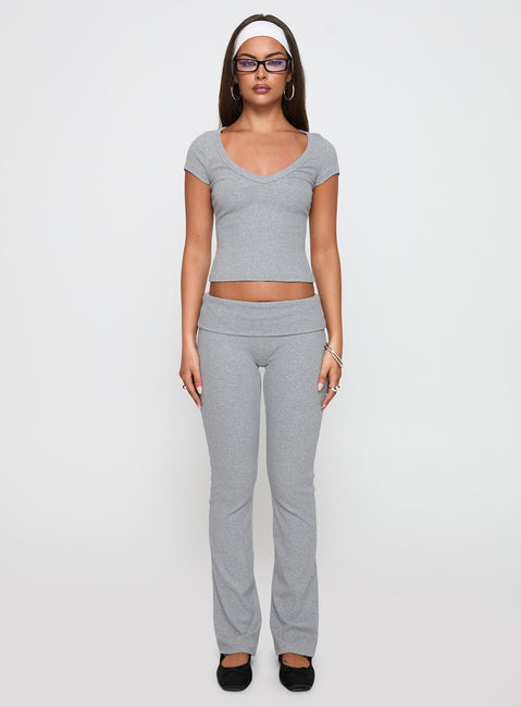 front view of model wearing Princess Polly Lovely Day V Neck Top Grey Marle Short Sleeves V-Neck 