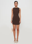 side view of model wearing Princess Polly Mayok Mini Dress Brown Tall High Neck 