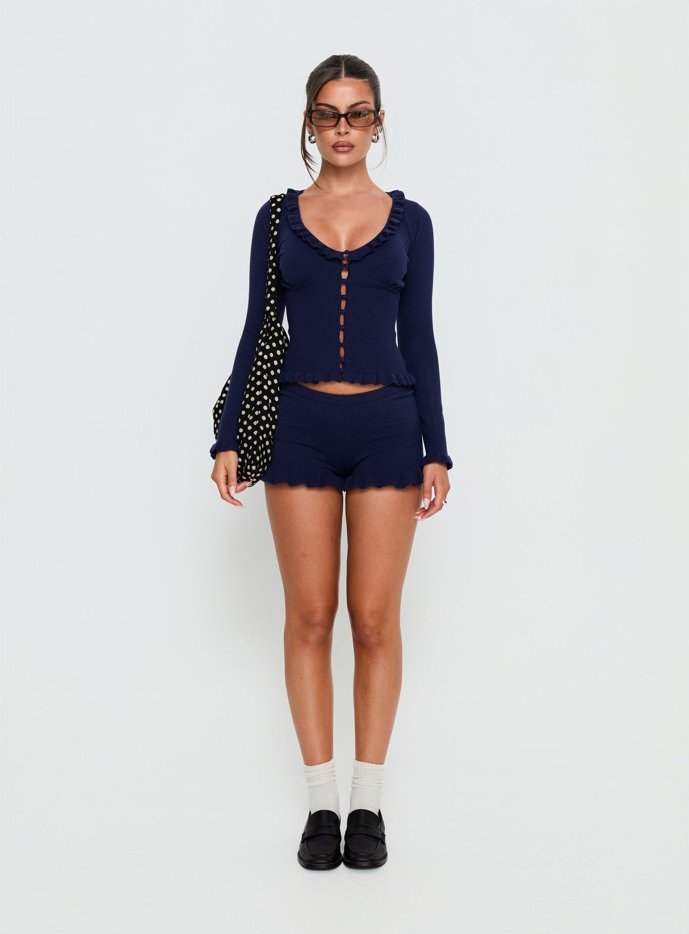 Ceria Frill Knit Shorts Navy | Princess Polly