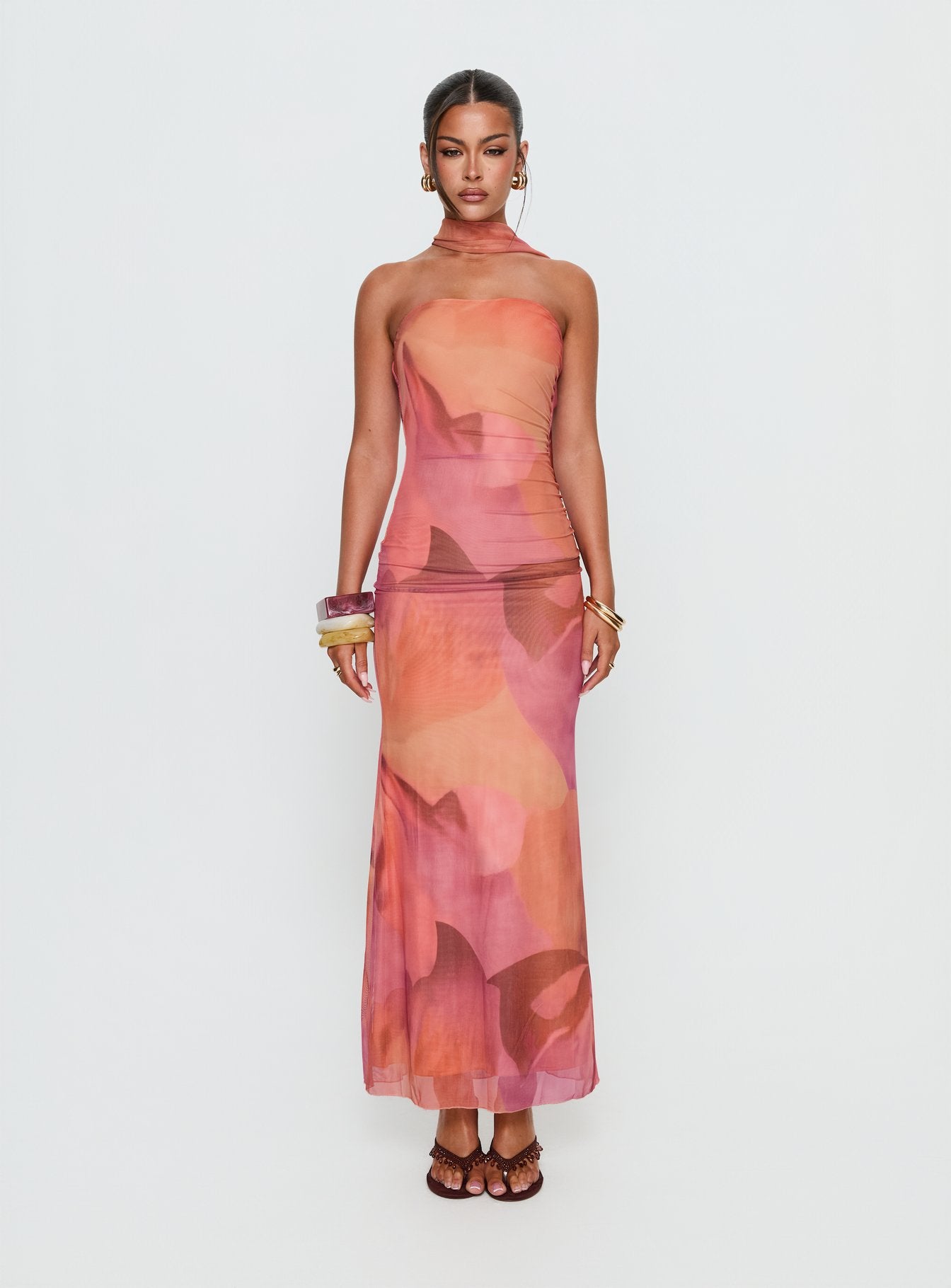 chinese dress ladies Strapless Maxi Dress with Scarf and Sheer Skirt Marsala / M main image 1
