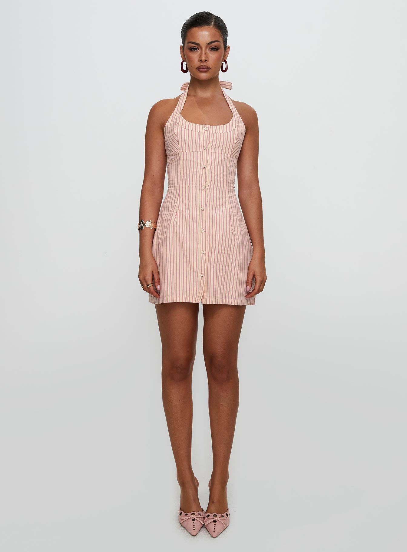 Mallorie Halter Mini Dress Pink Stripe | Princess Polly