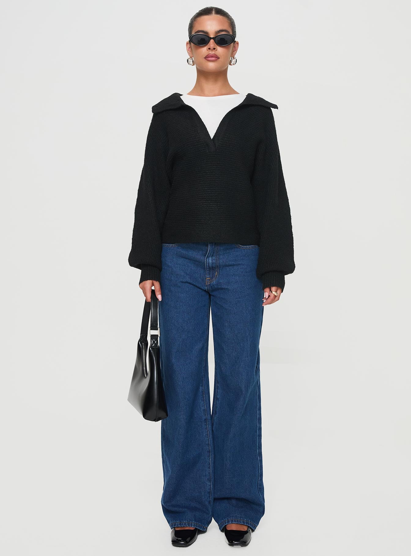 front view of model wearing Princess Polly Bella Notched Neck Sweater Black Cropped 