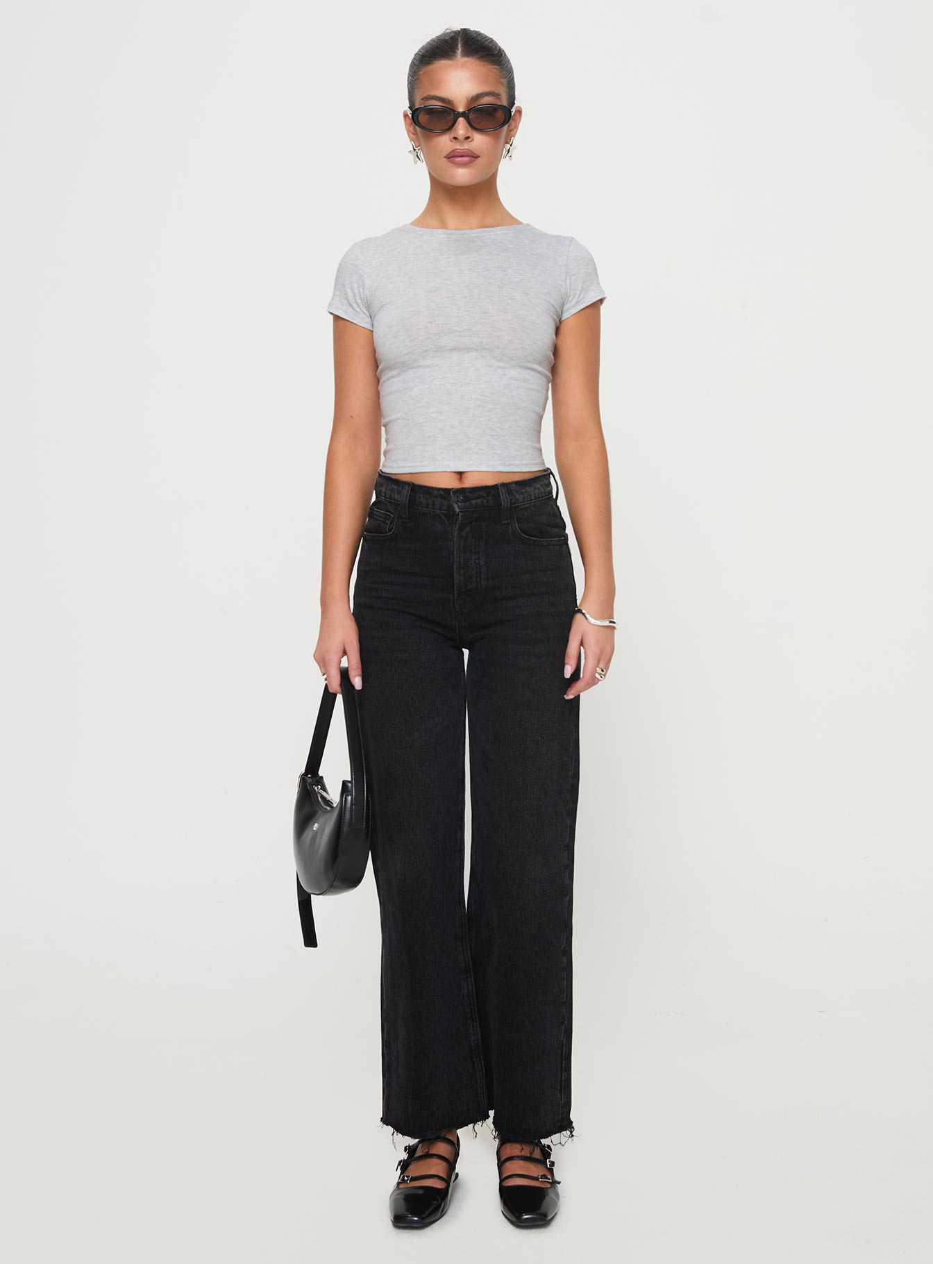 back view of model wearing Princess Polly Fawcett High Rise Straight Leg Jeans Washed Black High Rise Jeans 