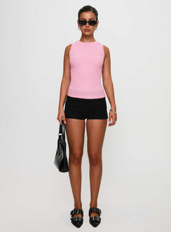 front view of model wearing Princess Polly Goodnight And Go Textured Top Pink Sleeveless Crew Neck 