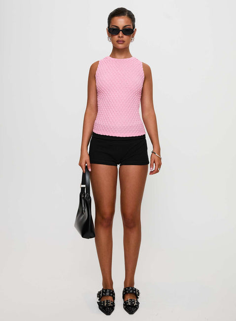 front view of model wearing Princess Polly Goodnight And Go Textured Top Pink Sleeveless Crew Neck 